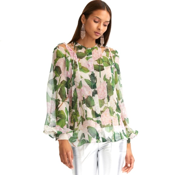 OSCAR DE LA RENTA Bow-Detailed Floral Print Silk-Chiffon Blouse Sz12 - Picture 6 of 15